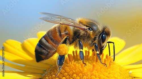  A close-up of a bee on a yellow flower with a blue sky in the background