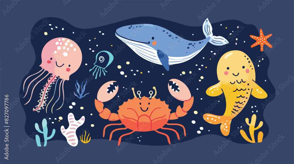 Four of sea animals  whale seal crab jellyfish seaho