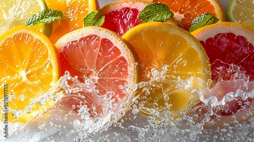 a bright citrus medley juice splash against a clean white background