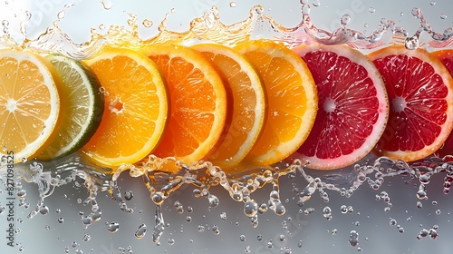 a bright citrus medley juice splash against a clean white background photo