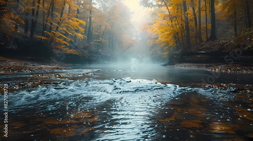 A calm river flowing through a forest, the water reflecting the soft colors of the sky
