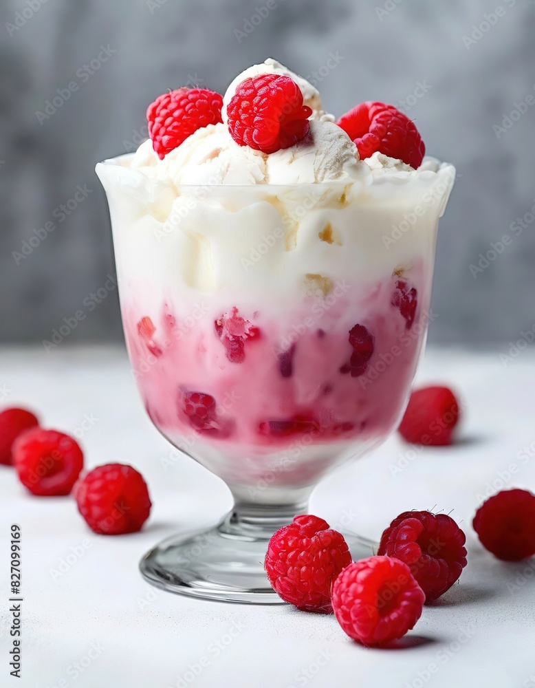 ice cream with raspberries in a bowl. summer dessert. ice cream with raspberries in a bowl. summer dessert.
