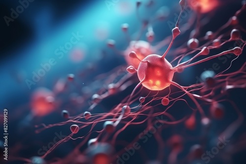 Close-up of neurons sending brain activity, triggering biological nerve signal in medical surgery photo