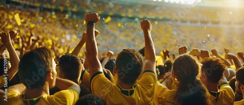 group of fans dressed in yellow color watching a sports event in the stands of a stadium. people cheering and celebrating together in the stadium .