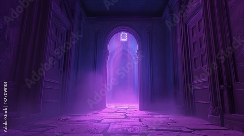 Exit of a labyrinth, opening, cartoon, eerie, purple light photo