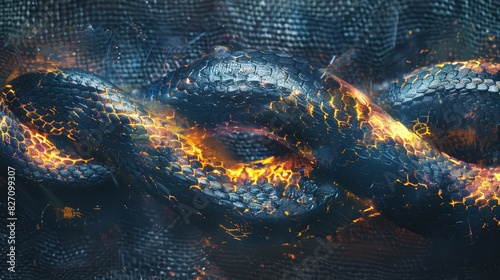 blazing inferno erupts from its mouth; flames engulf the creature's back Against a meshed canvas photo