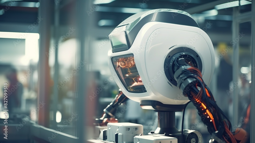 AI robot working in a production factory, Android robot at work AI robot working in a production factory, Android robot at work