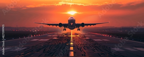Airplane taking off at sunset with illuminated runway view