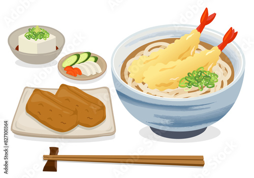 食事_和食_麺類_天ぷらうどん定食_いなり寿司
