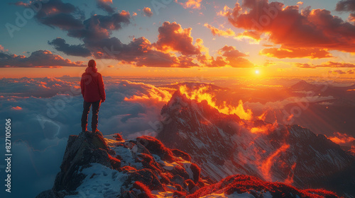 A lone adventurer marvels at a breathtaking sunrise from a mountain peak, surrounded by vibrant clouds and snow-capped summits.