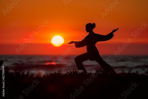 Person practicing tai chi at sunrise, capturing tranquility and peace focus on, serene, Silhouette, Sunrise