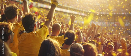 group of fans dressed in yellow color watching a sports event in the stands of a stadium. people cheering and celebrating together in the stadium .