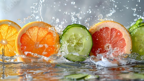 a bright grapefruit-cucumber juice splash on a pristine white background