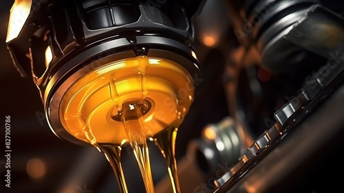 Pouring quality oil into the engine during a maintenance refill. Refilling vehicle transmission or gear with oil. Machine maintenance concept