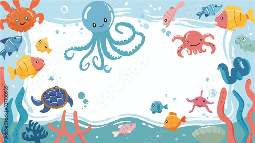 Frame template with cartoon sea animals. Ocean 