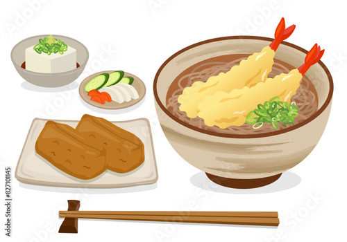 食事_和食_麺類_天ぷらそば定食_いなり寿司