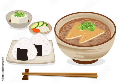 食事_和食_麺類_きつねそば定食_おにぎり