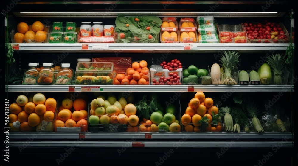 Bright and colorful grocery store showcase close-up display for advertising and promotion campaign