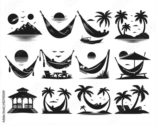 Hammock between palm trees in black color Palm trees on the beach vectors silhouettes collection