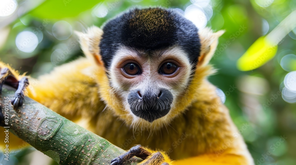 Obraz premium A tight shot of a monkey grasping a tree branch, surrounded by hazy leafy foliage in the background Foreground features a softly focused monkey face
