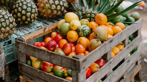 Wooden farm crate filled with fresh tropical fruit