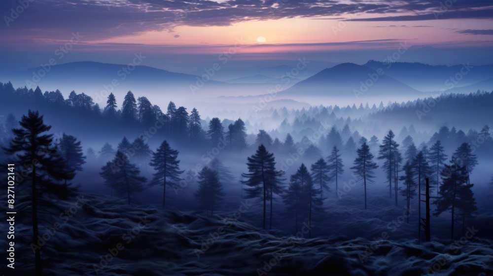 Obraz premium At twilight, the foggy pine forests are nature's lullaby, with the sun's serene serenade painting indigo and amethyst shades