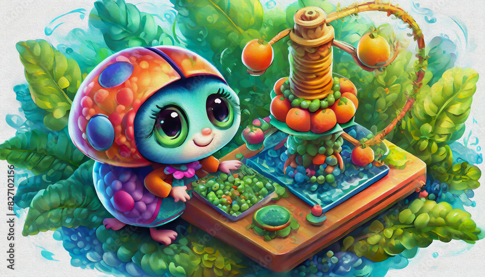 oil painting style CARTOON CHARACTER cute lady bug Inventor Works on a Complex Machine