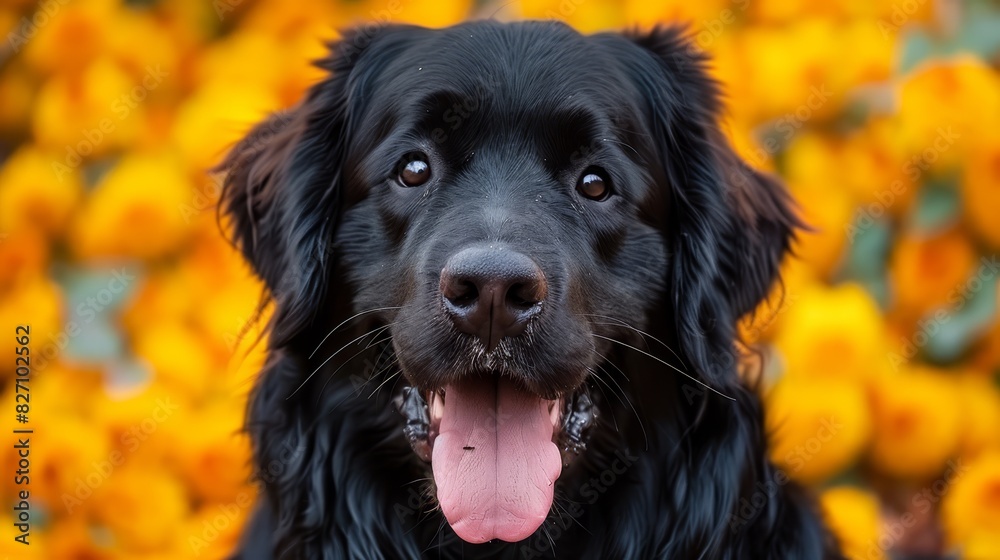  A tight shot of a black dog's face with yellow flowers in the background The dog's head tilts back, tongue hanging out