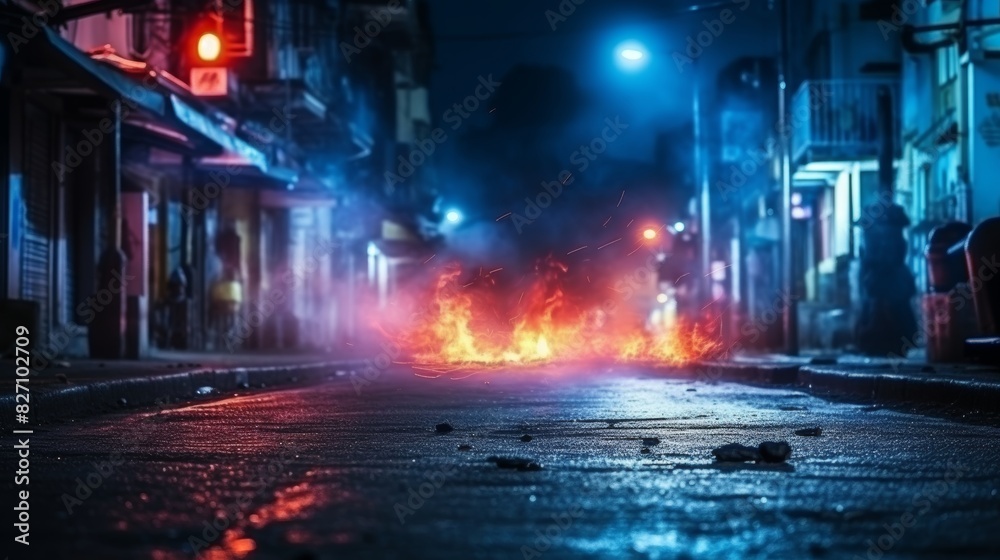 Neon-lit wet asphalt with reflection, spotlight, smoke on dark city street scene Neon-lit wet asphalt with reflection, spotlight, smoke on dark city street scene
