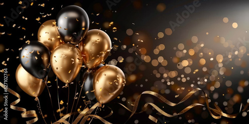 black golden balloons on dark background, party, happy birthday, copy space