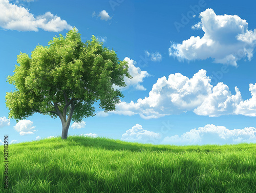 A tree on a grassy field with a blue sky and white clouds. Created with Ai