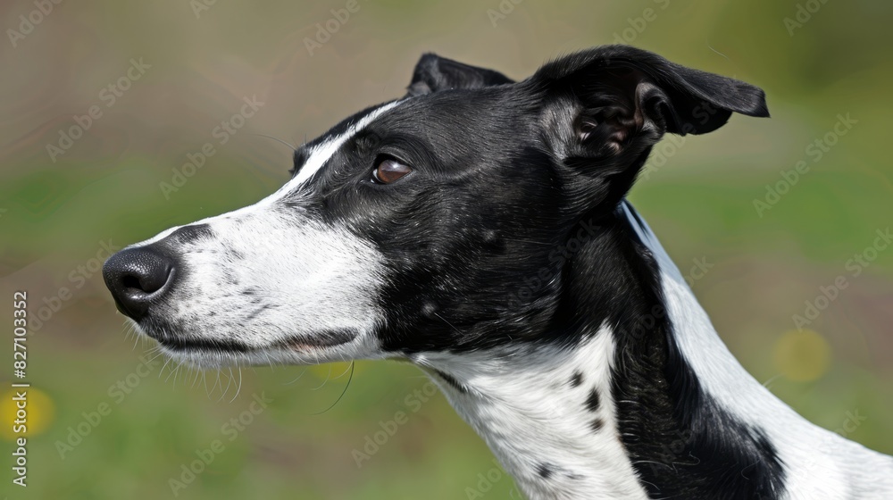  A black and white dog gazes off-distance, foreground filled with blurred grass and flowers Background softly blurred