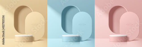 Set of pink, yellow, blue 3d cylindrical podium pedestal background with round corner window wall scene. Abstract minimal mockup, Product display presentation, Stage showcase. Platforms vector design.