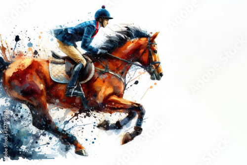 Jockey on horse watercolor splash in action isolated on white background © Anna