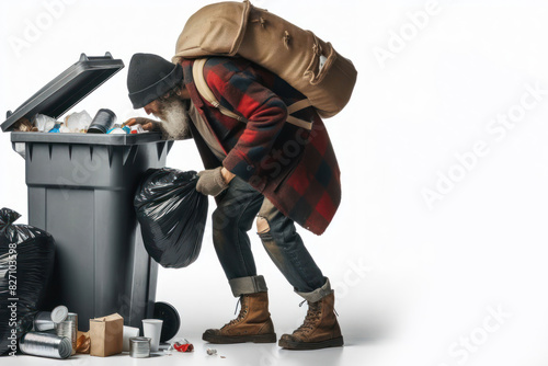 Homeless man rummaging through trash can isolated on white background copy space