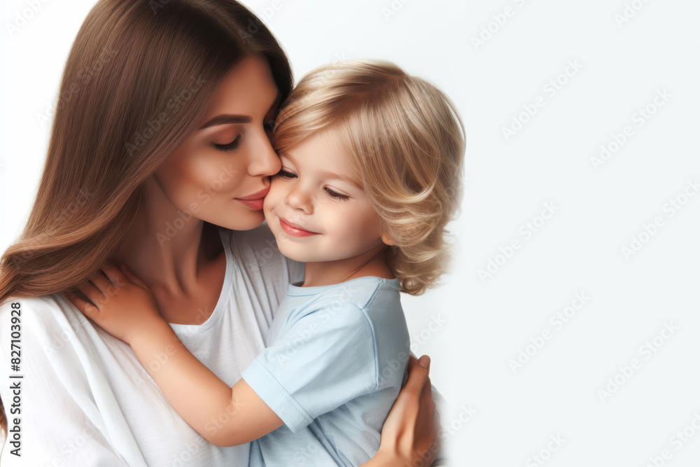 mother and child hugging and kissing on a white background mother and child hugging and kissing on a white background
