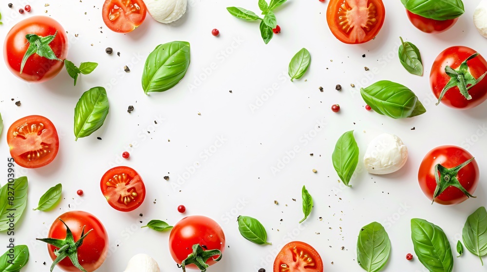 Fresh caprese salad ingredients on white background. Elegant flat lay Fresh caprese salad ingredients on white background. Elegant flat lay