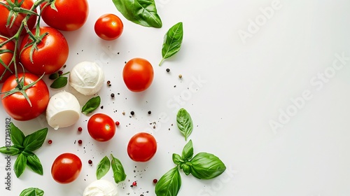 Fresh Caprese salad ingredients flat lay on white background