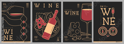 Set of modern line art magazine covers or posters with wine bottles and glasses. Restaurant menu design. Vector illustration