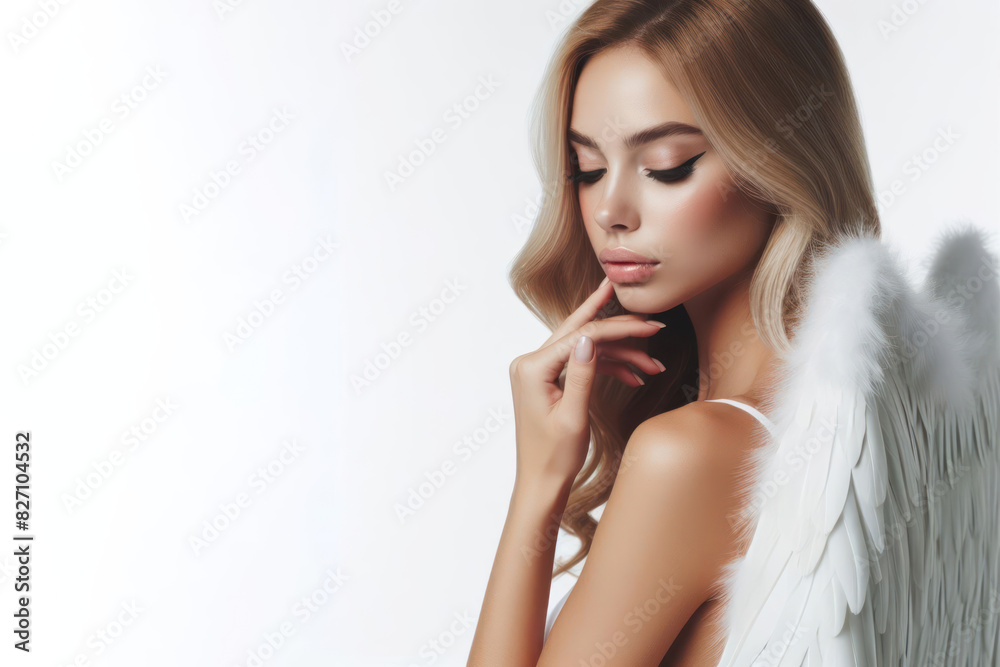 woman with white wings isolated on a white background copy space woman with white wings isolated on a white background copy space