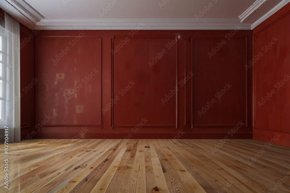 The floor and walls of the room are red as the background. The floor and walls of the room are red as the background.