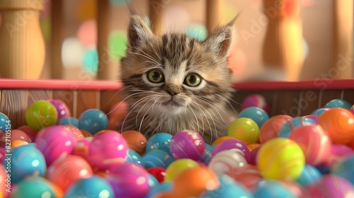 Playful Kitten Explores Colorful Ball Pit in Whimsical Studio Setting © doraclub