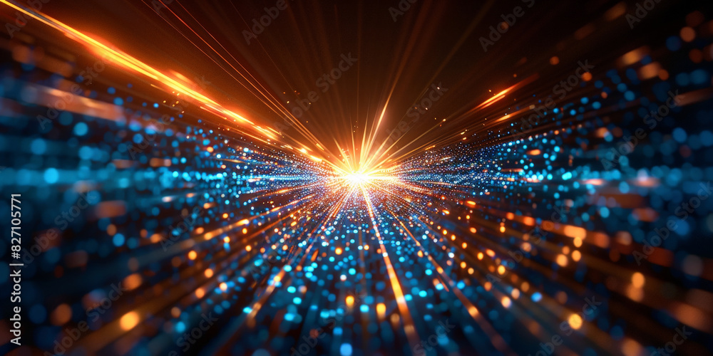 Naklejka premium Dynamic burst of light with blue and orange streaks, futuristic abstract background showcasing energetic motion and vibrant illumination in a cosmic space theme.banner 