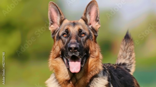  A tight shot of a dog's expressive face, tongues out, surrounded by trees in the backdrop with a softly blurred effect