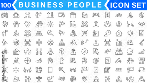 Business people line icons set. Businessman outline icons collection. Teamwork, human resources, meeting, partnership, meeting, work group, success, resume - stock vector.