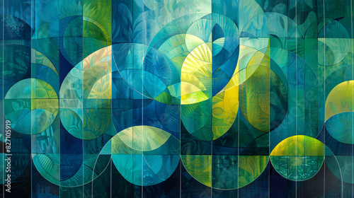 Geometric artwork with blue and green abstract patterns