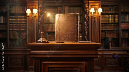 Wallpaper Mural The image is a dark wood library with a large wooden desk in the center. On the desk is a book and a quill pen. Behind the desk is a large bookshelf filled with books. Torontodigital.ca