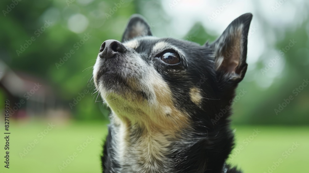 A tight shot of a dog gazing at something in the sky, surrounded by hazy trees and grass in the foreground In the distance, a house is visible A tight shot of a dog gazing at something in the sky, surrounded by hazy trees and grass in the foreground In the distance, a house is visible