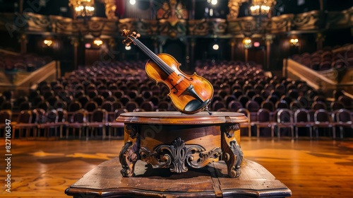 The violin is placed on a small table. The background is a theater with red velvet seats. photo