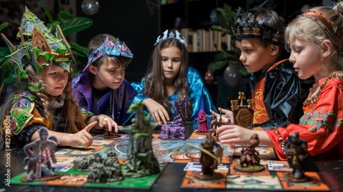 Kids are playing a fantasy game with figurines on a table.